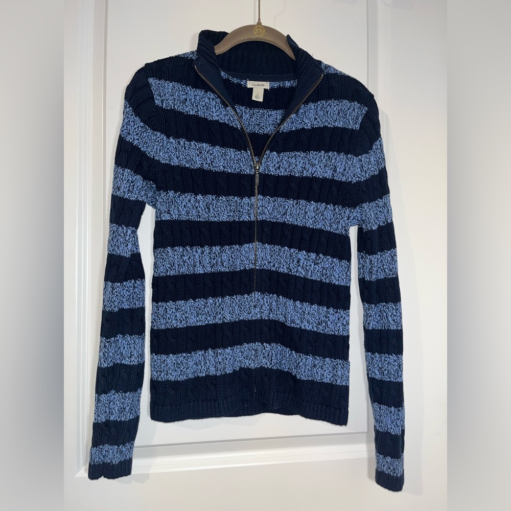 L.L.Bean Blue Stripe Classic Cotton Americana Cable Knit Full Zip Sweater Jacket